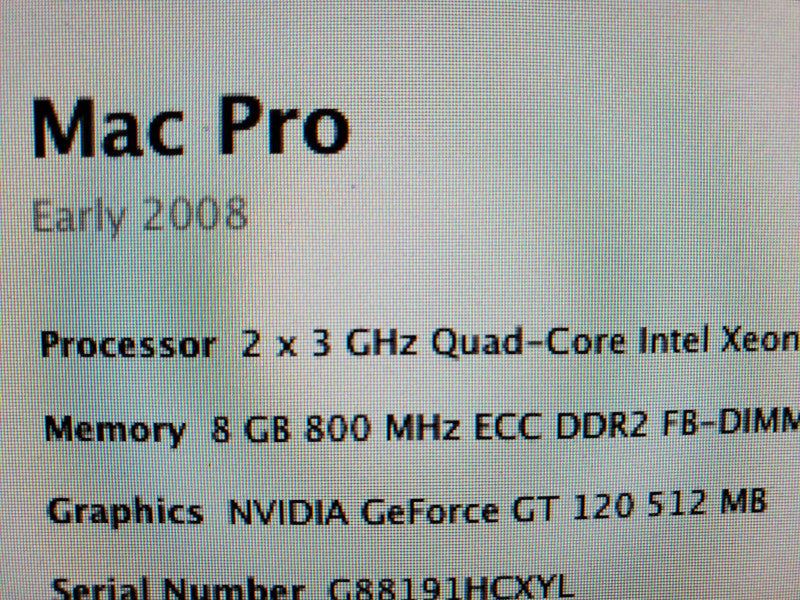 Apple Mac Pro 2008 A1186, 2x3GHz Quadcore Xeon 8GB DDR2, nVidia GT 120 GPU |