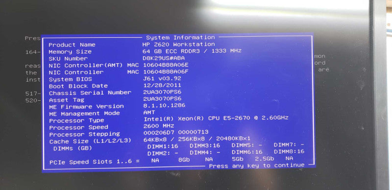 Hp Z620 workstation Xeon E5-2670 @ 2.60ghz / 64gb ram / Quadro M2000 #