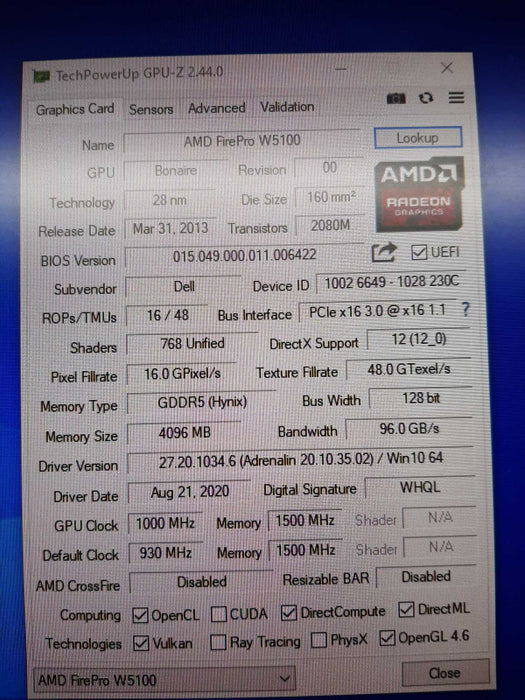 Dell AMD FirePro W5100 4GB DisplayPort X4, 100% TESTED ~