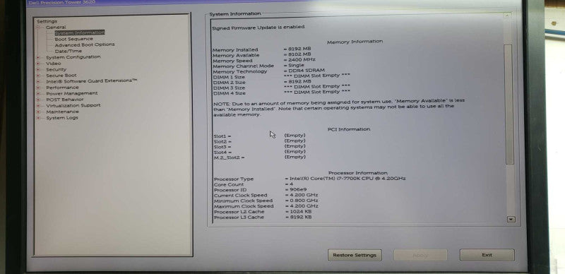 Dell precisionT3620 I7-7700k @ 4.20ghz / 8gb ram / no gpu #