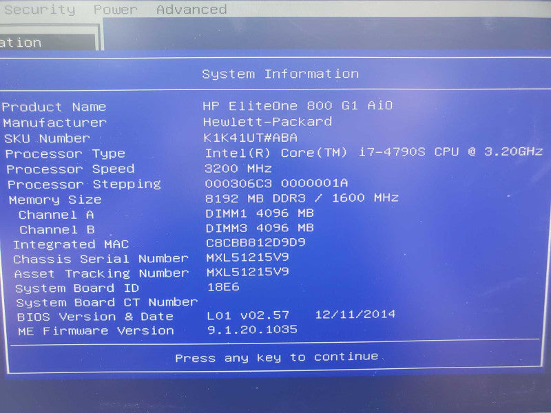 HP EliteOne 800 G1  23\\" AIO i7-4790S 3.2GHz 8GB DDR3 No HDD |