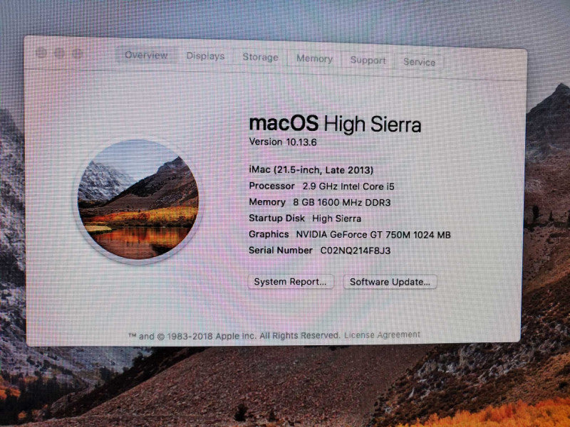 Apple iMac A1418 21.5\\" Core i5-4570S @ 2.9GHz 8GB 1TB HDD GT 750M 1024MB )