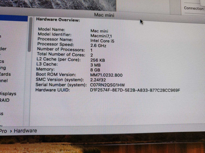 APPLE Mac Mini Late 2014 A1347 Core i5-4278U @2.6GHz 8GB Iris 1536MB 1T HDD )