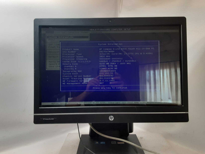 HP Elite 8300 Touch AIO, Core I7-3770 3.4GHz, 8GB DDR3, 1TB HDD, No OS _