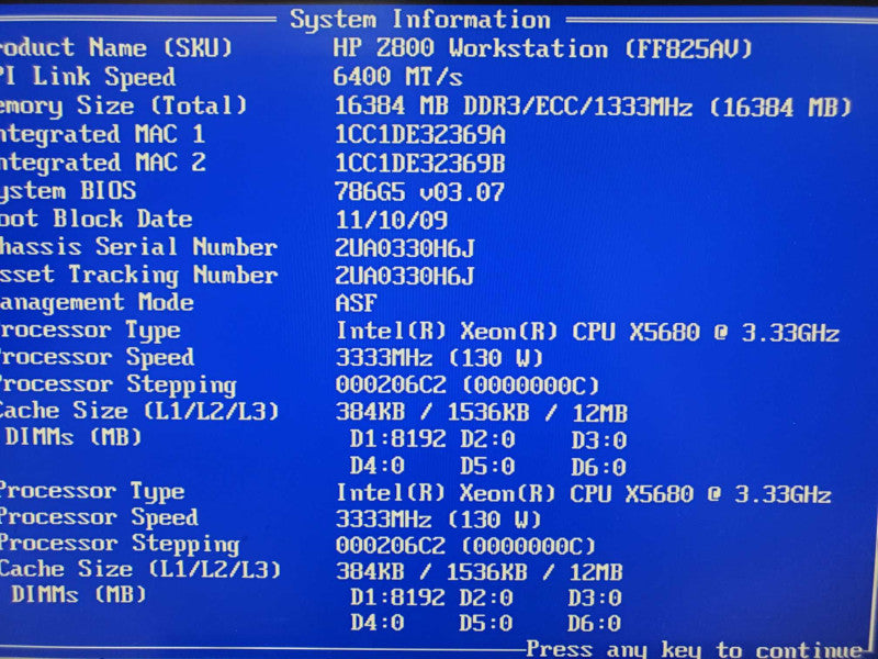 HP Z800, 2x X5680 3.33GHz16GB DDR3 SAS1068E-IR |
