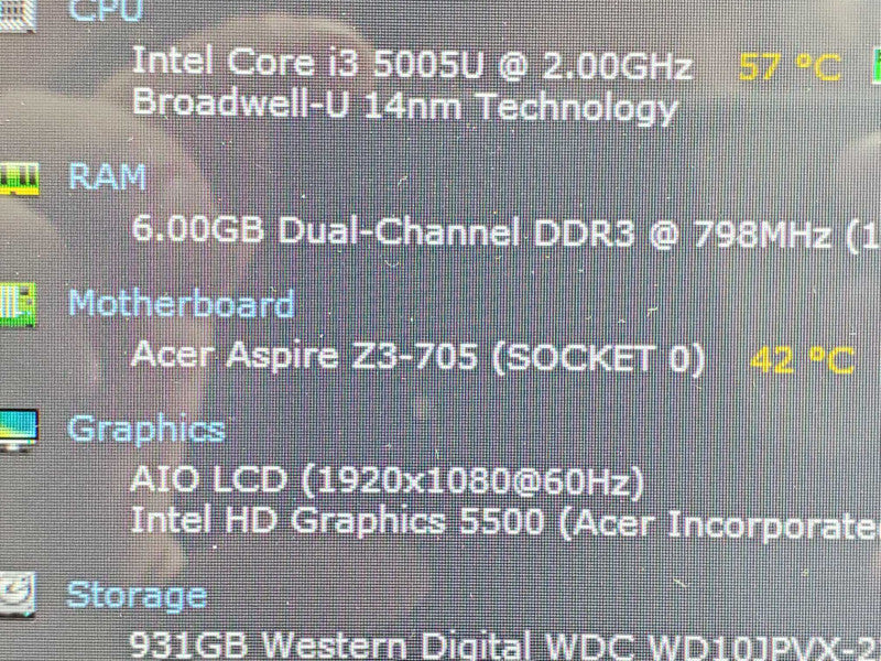 ACER AZ3-705-EB62 21.\\" All-In-One, -3=5005U 2.0GHz 6GB DDR3 1TB HDD (Wiped) |