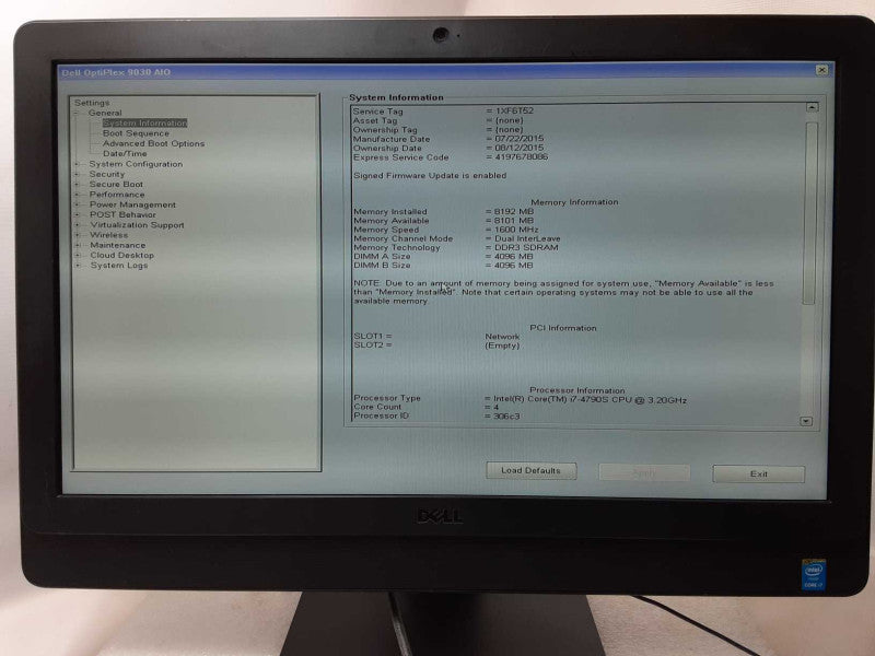 Dell Optiplex 9030 AIO, Core I7-4790S 3.2GHz, 8GB DDR3, 500GB HDD _