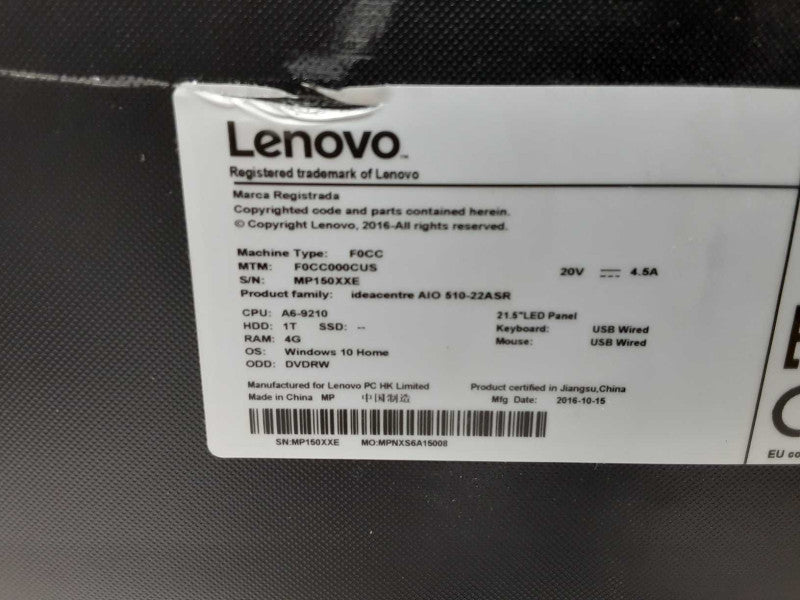 Lenovo Ideacentre AIO 510-22ASR, AMD A6-9210 2.4GHz, 4GB DDR3, No HDD, SEE _