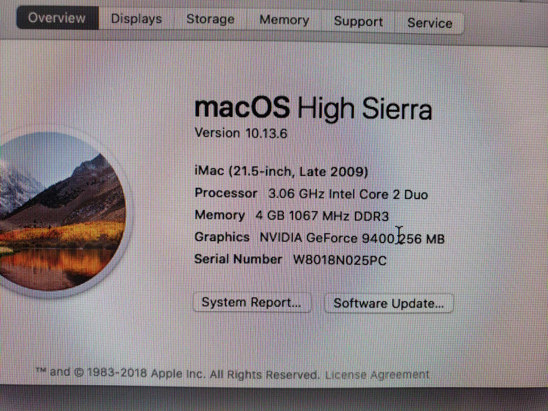 Apple iMac 21.5-Inch Late 2009 C2D@3.06Ghz 4GB DDR3 GeForce 9400 500GB HDD [