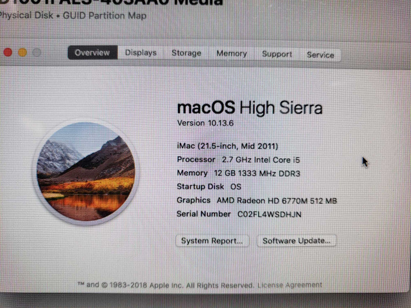 Apple iMac 21.5-inch Mid 2011 i5@2.7GHz 12GB DDR3 HD6770M 1TB HDD [
