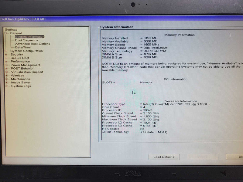 Dell Optiplex 9010 AiO i5-3570S 3.1GHz 8GB DDR3 No HDD |