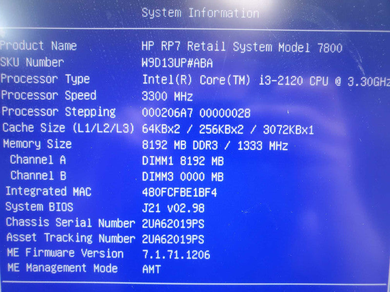 HP RP7 7800 POS Terminal i3-2120 3.3GHz 8GB DDR3 128GB SSD (Wiped) |