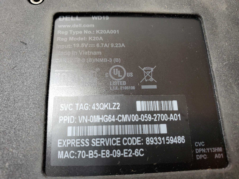 Dell K20A K20A001 WD19TB Thunderbolt Docking Station (