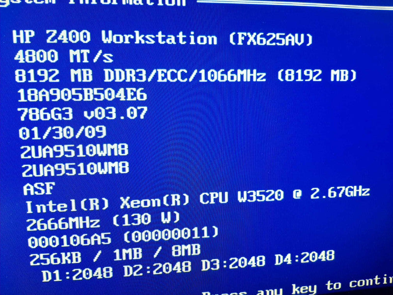 HP WS Z400 Xeon W3520 2.67GHz/8GB, Quadro FX3700, No HDDs ~