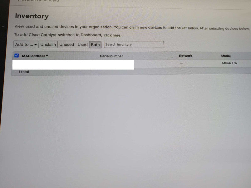 Cisco Meraki MX64 Access Point MX64-HW Unclaimed )