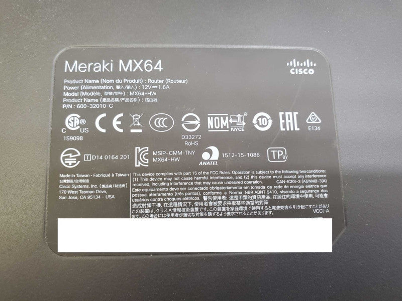 Cisco Meraki MX64 Access Point MX64-HW Unclaimed )