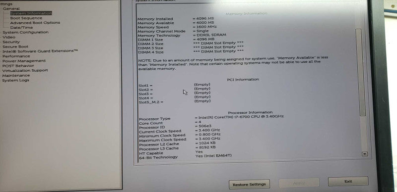 Dell Optiplex 5040 I7-6700 @ 3.40ghz / 4gb ram / see notes #