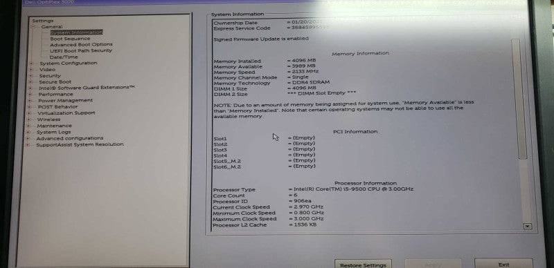 Dell Optiplex 3060 i5-9500 @ 3.00ghz / 4gb ram / see notes #
