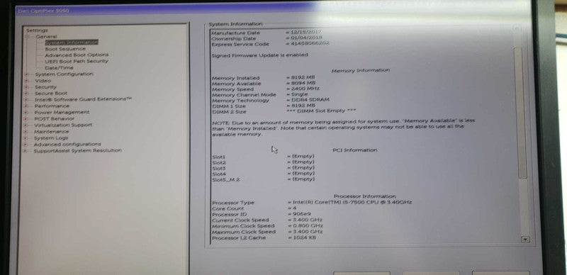 Dell optiplex 3050 i5-7500 @ 3.40ghz / 8gb ram / see notes #