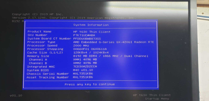 Hp T630 thinclient AMD GX-420GI  @ 2ghz / radeon R7E / 8gb ddr4 Ram #