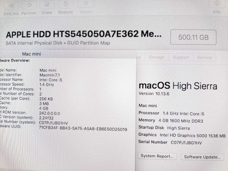 Mac mini - L.2014 A1347, i5-4260U 1.4GHz/4GB, Intel HD 5000, 500GB HDD, ~
