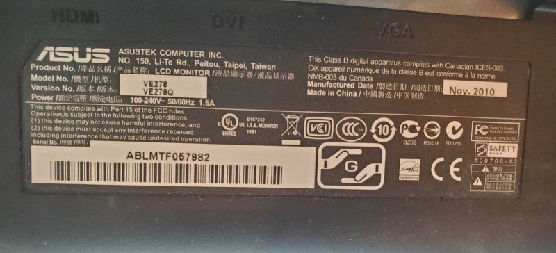 ASUS VE278 27\\" 2ms Widescreen Monitor LED LCD DVI HDMI VGA VE278Q (
