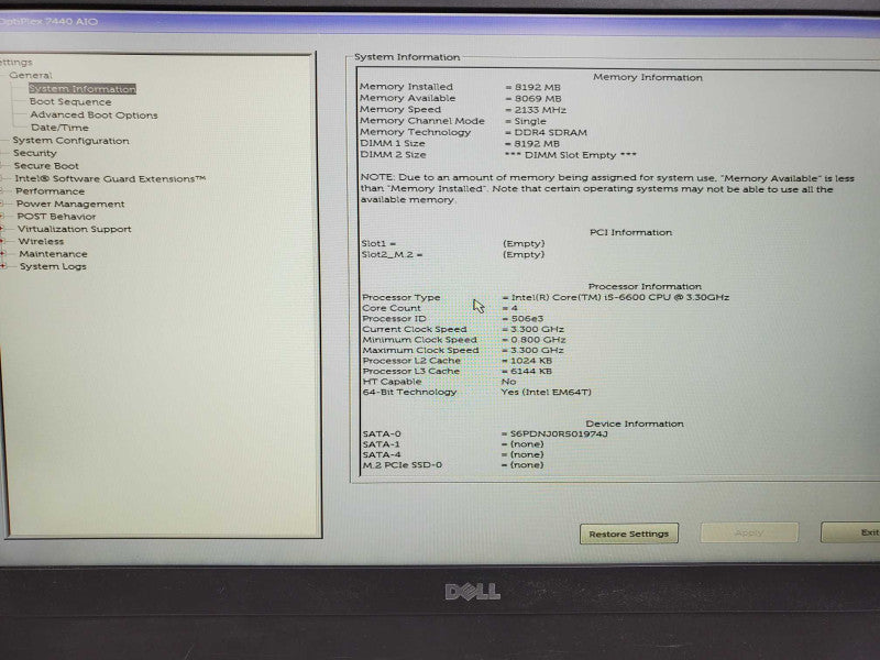 Dell OptiPlex 7440 24\\" AiO i5-6600 3.3GHz 8GB DDR3 128GB SSD (Wiped) |