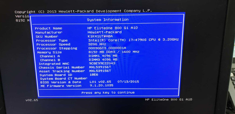 HP Elite 800 G1 AiO i7-4790S @ 3.20ghz / 8gb ram / 23in / 1920 x 1080 #