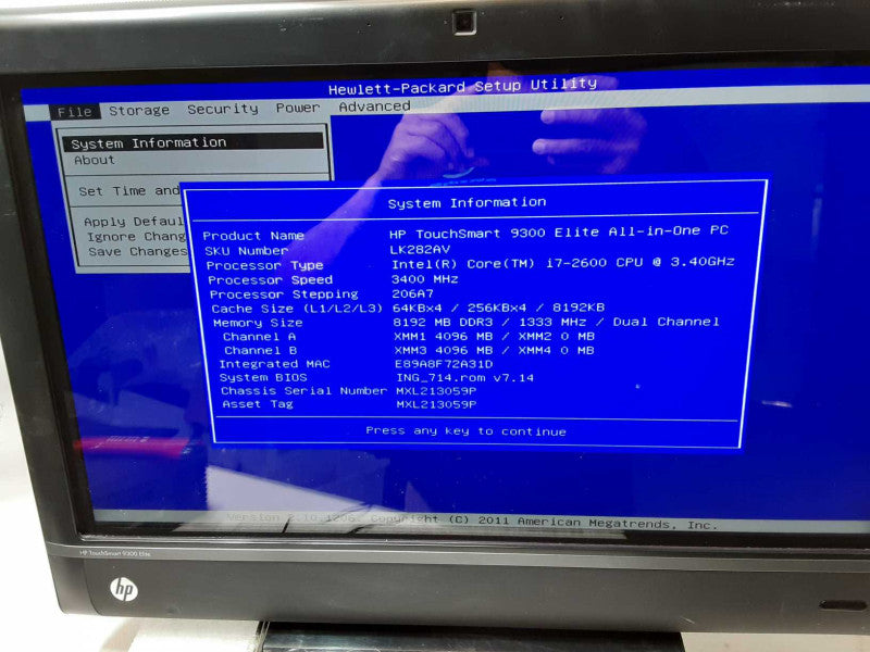 HP TouchSmart 9300 Elite AIO PC, Core I7-2600 3.4GHz, 8GB, 1TB HDD, No OS _