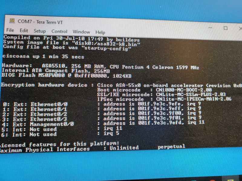 Cisco ASA5510 Adaptive Security Appliance 256M RAM Celeron 1599MHz _reset )