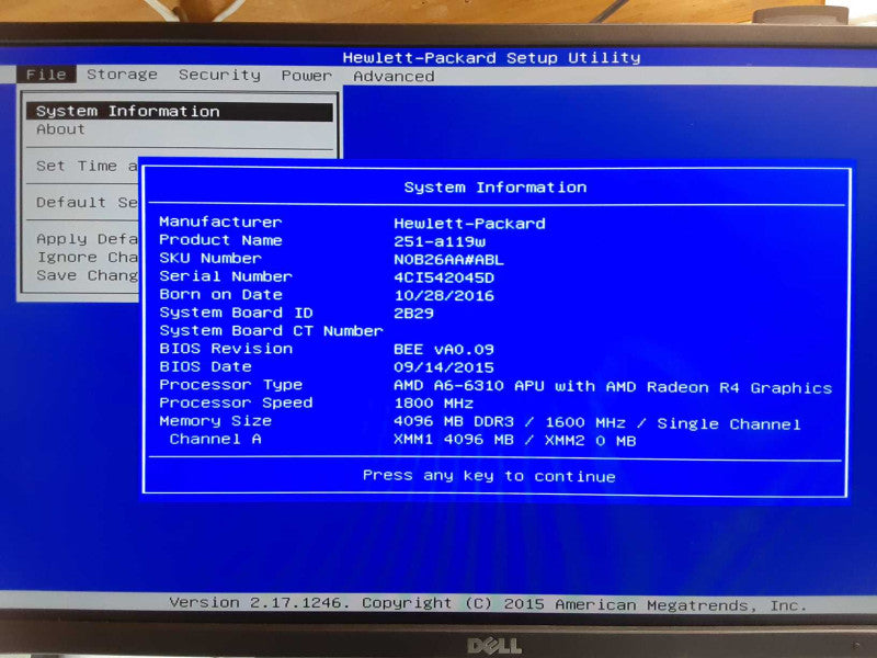 HP 251-a119w PC, AMD A6-6310 1.8GHz, 4GB RAM, No HDD/ Power Adapter _