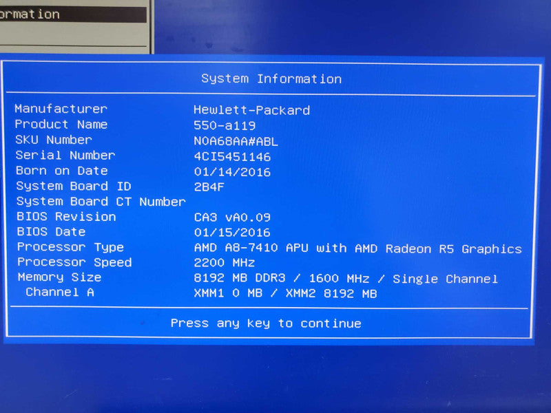 HP 550-a119 Tower PC AMD A8-7410 2.2GHz 8GB DDR3 No HDD |