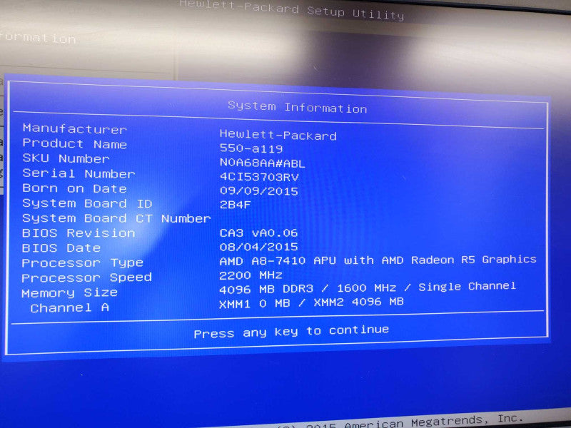HP Pavilion 550-a119 AMD A8-7410 @ 2.2GHz 4GB DDR3 (