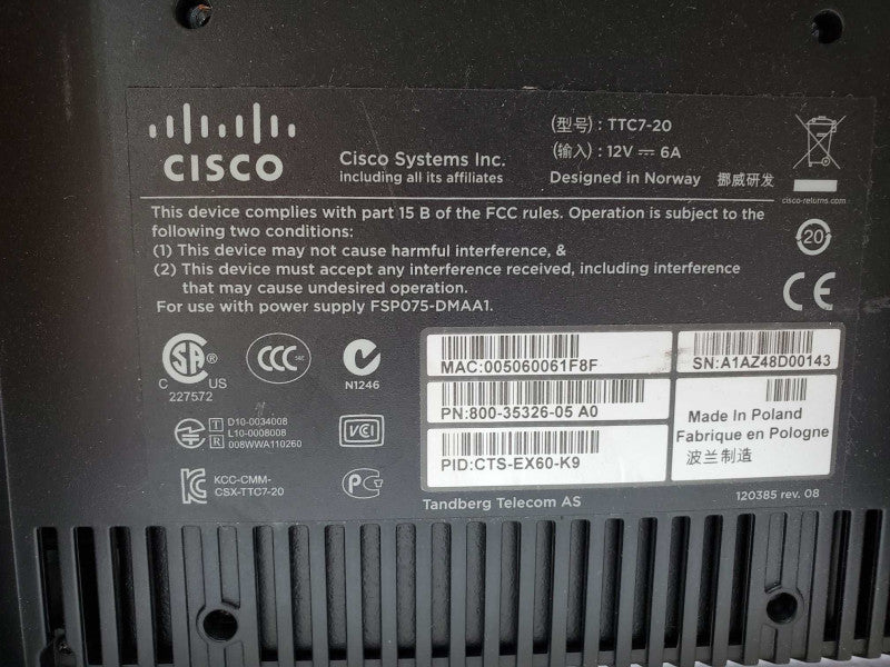 Cisco CTS-EX60-K9 EX60 TelePresence Video Conference System (
