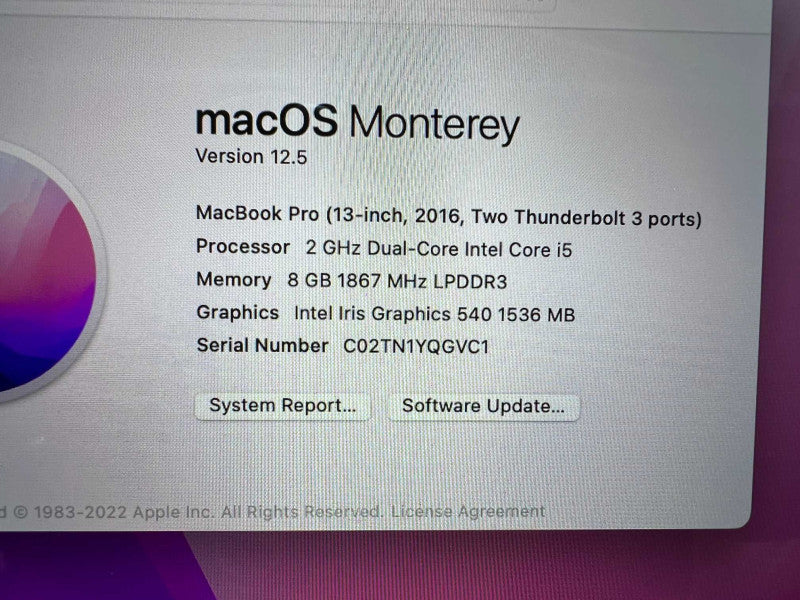 MacBook pro (13-inch) 2016 with i5 CPU @ 2GHz 8GB RAM & 256GB Storage READ -
