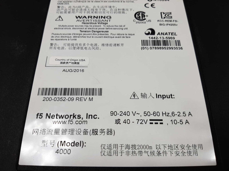 F5 Networks BIG-IP 4000S LTM-4000S 16GB Application Delivery Load Balancer ~