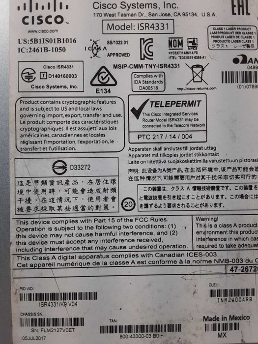 CISCO ISR4331/K9 - ISR 4331 - Integrated Service Router, AS-IS _