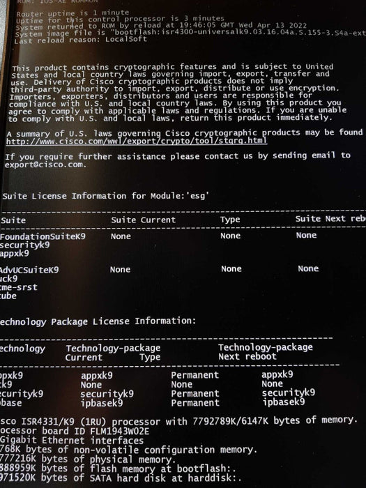 Cisco ISR4331/K9 Router ISR 4331/K9 IPBASE LIC PERMANENT, FACTORY RESET ~