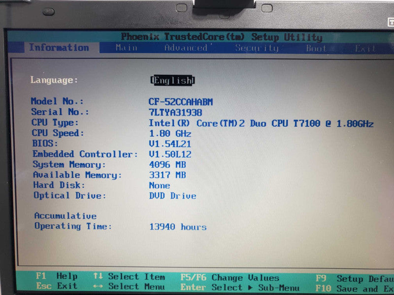 Panasonic CF-52 C2D T7100@1.8GHz 4GB No HDD 13940 Hours [