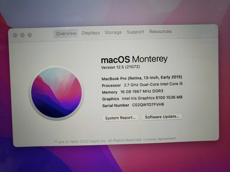 Apple MacBook Pro 13-inch RETINA Early 2015 i5-5257U@2.7 GHz 16GB DDR3 250 SSD (