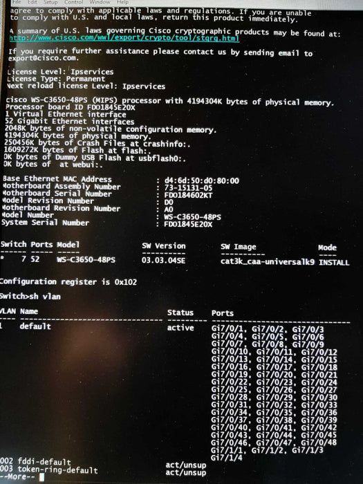 CISCO WS-C3650-48FS-S 48 Port Gigabit PoE+ Switch 2x 1025WAC PWR, FCTY RESET ~