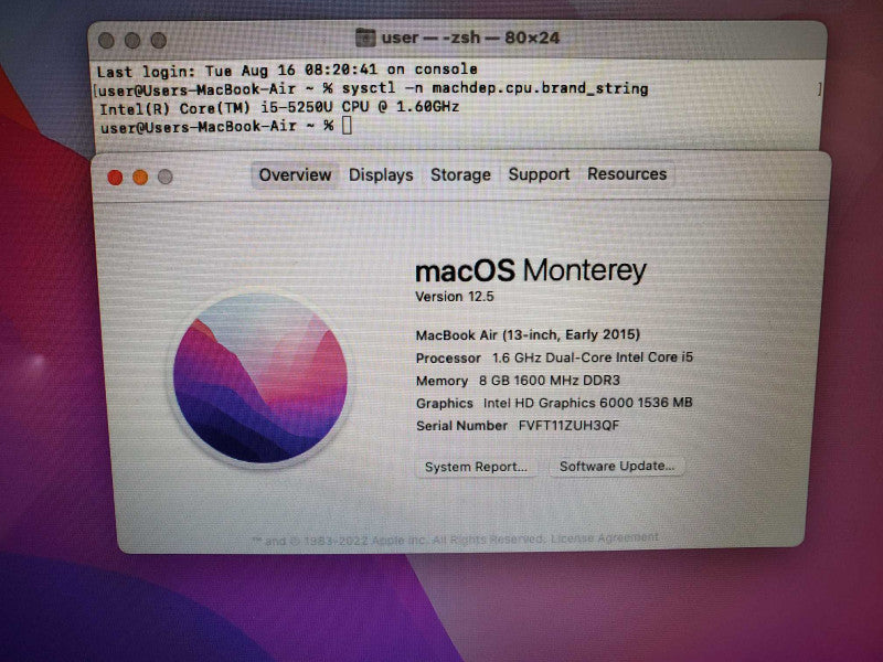 Apple MacBook Air 13\\" Early 2015 Core i5-5250U @ 1.6 GHz 8GB DDR3 250GB SSD (