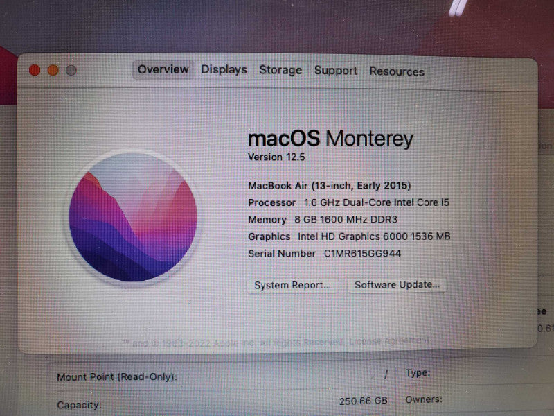 Apple MacBook Air 13\\" E.2015 Core i5-5250U @ 1.6 GHz 8GB DDR3 250GB SSD (