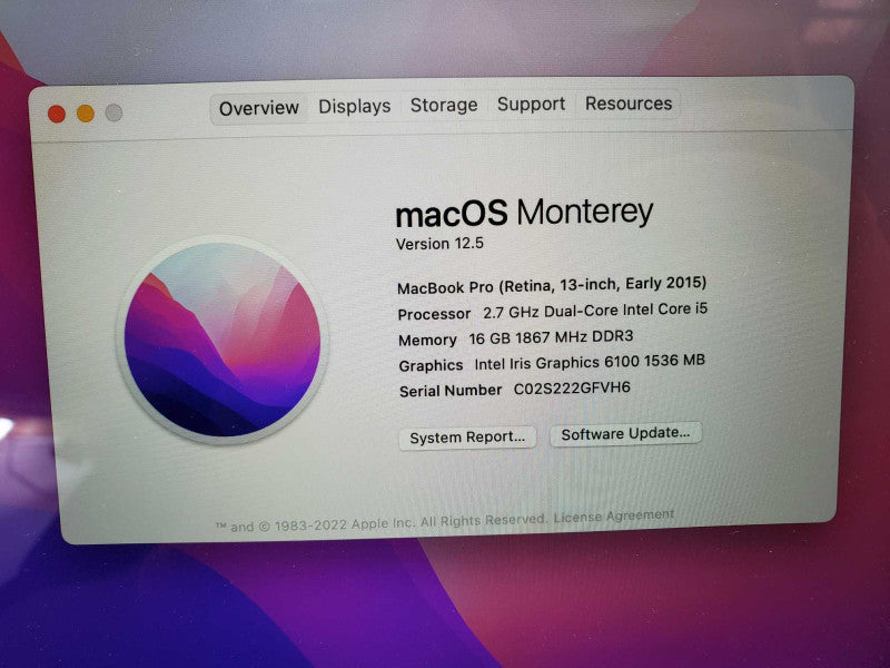 Apple MacBook Pro 13\\" RETINA Early 2015 i5-5257U@2.7 GHz 16GB DDR3 250 SSD (