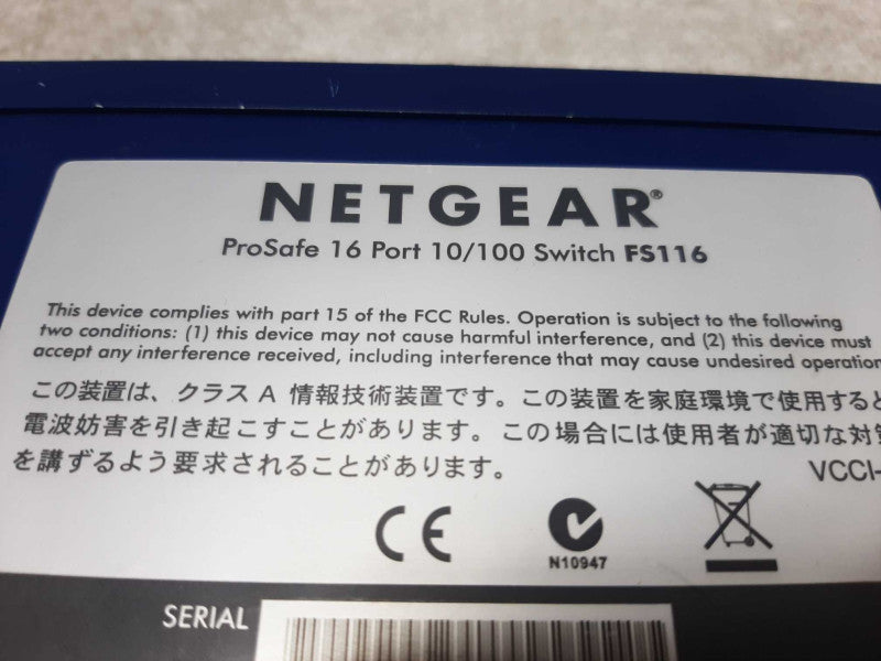Netgear FS116 Prosafe 16 Port 10/100 Switch, No AC Adapter ~