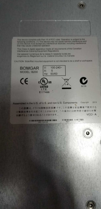 BOMGAR B200 Hardware Type: 1U Rack-Mountable Server Used=