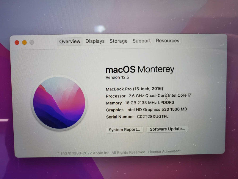 Apple Macbook Pro 15â 2016 Core i7-6700HQ @ 2.6 GHz 16GB 256SSD Radeon 450 2GB (