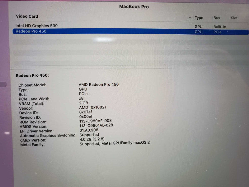 Apple Macbook Pro 15â 2016 Core i7-6700HQ @ 2.6 GHz 16GB 256SSD Radeon 450 2GB (