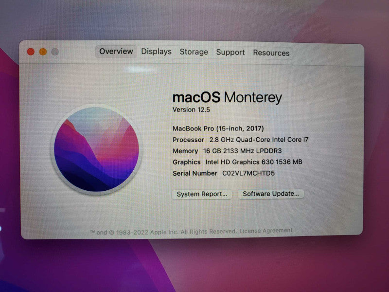 Apple Macbook Pro 2017 15\\" A1707 Core i7-7700HQ 2.8GHz 16GB 250GB SSD (