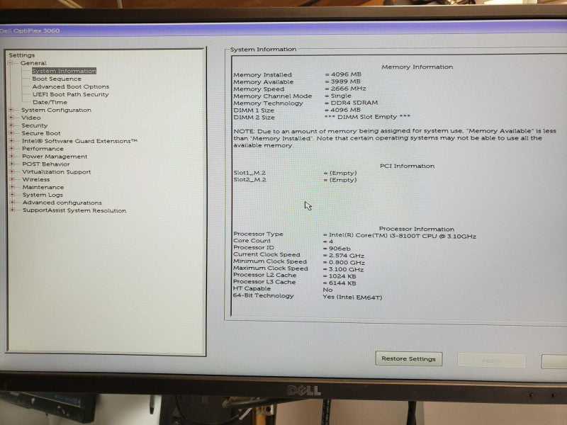 Dell OptiPlex 3060 Mini PC, Core I3-8100T 3.1GHz, 4GB DDR4, 1x HDD Tray, No HD |